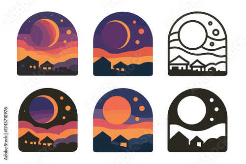 Planetary Logo Variations. A planet with multiple moons and colorful skies. Set Logo of A planet with multiple moons and colorful skies: Night market under