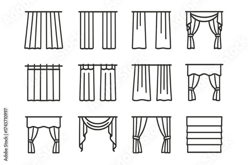 Curtain Icon Collection. Curtain styles. Line icon set of Curtain styles: pleated drape, sheer panel, blackout curtain, layered curtains, tab top, grommet