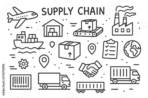 Supply Chain Doodle. Supply Chain. Hand-drawn doodle illustration Supply Chain cargo ship, truck, train, plane, warehouse, conveyor belt, factory, package, map