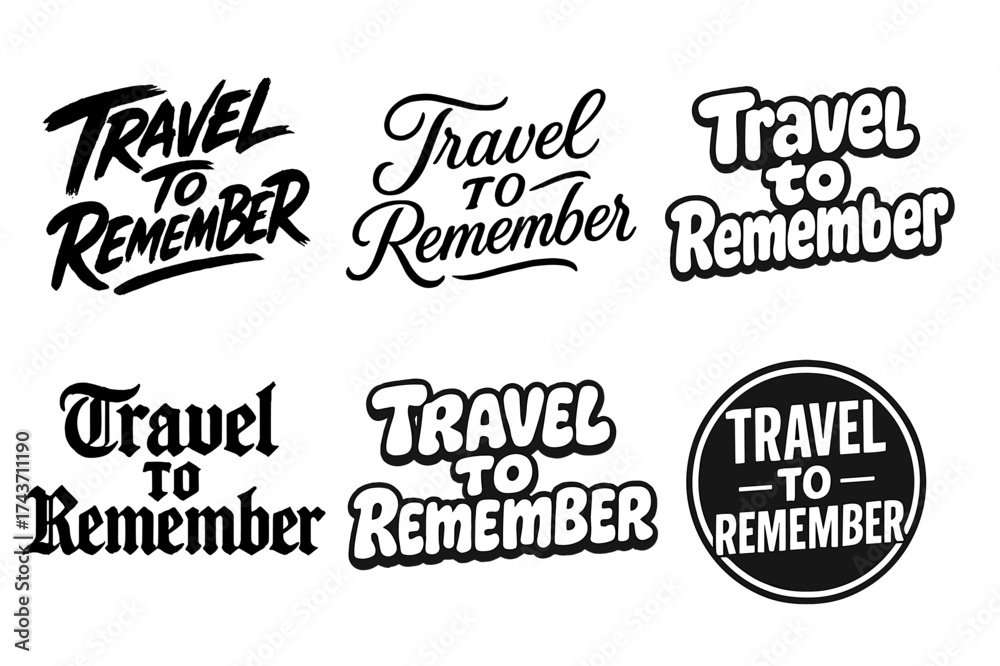 Fototapeta premium Artistic Lettering Grid. Travel to Remember. Set lettering. harmonious lettering variations of the same emblematic concept, each with different artistic