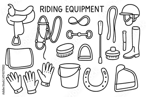 Riding Equipment Icons. Riding Equipment. Hand-drawn doodle illustration Riding Equipment saddle, bridle, reins, bit, riding boots, helmet, stirrup, crop whip,