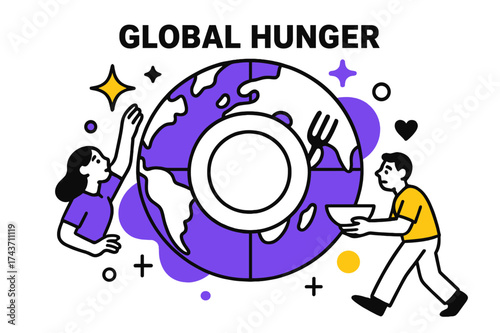 Global Hunger Illustration. Global Hunger. A glowing globe with an empty plate overlay, abstract floating spark and icon shapes symbolizing worldwide need.