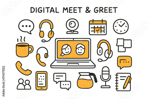 Digital Meet & Greet Essentials. Digital Meet & Greet. Hand-drawn doodle illustration digital meet & greet laptop (accented), coffee mug, headset (accented),