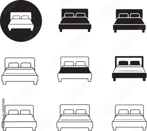 Bed icons set depicting various styles on transparent background silhouette