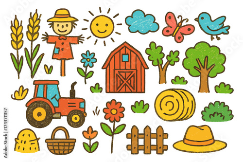 Colorful Farm Doodle. Wheat Field. Colorful Hand-drawn doodle Children illustration wheat stalk, scarecrow, sun, cloud, butterfly, bird, tractor, barn, hay