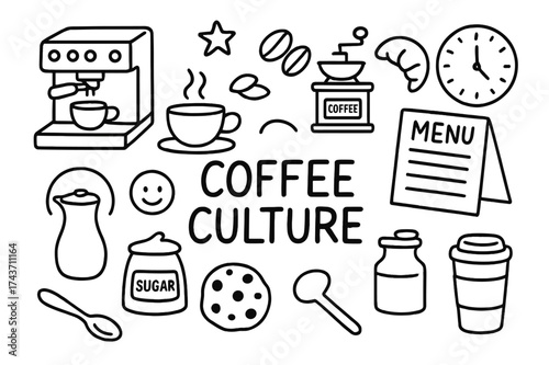 Coffee Culture Doodles. Coffee Culture. Hand-drawn doodle illustration Coffee Culture espresso machine, cup, beans, grinder, croissant, cookie, menu board,