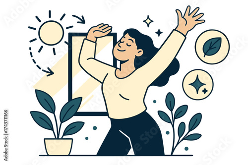 Morning Stretch Revival. Morning care. Person glowing while stretching beside sunlight and fresh plants. Floating icons of sun, leaf, and sparkle showing