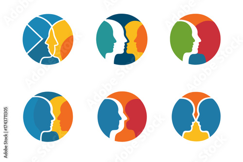 Diverse Expression Logos. Freedom of expression. Set Logo of diversity circle: multiple heads in profile sharing ideas. harmonious logo variations of the same