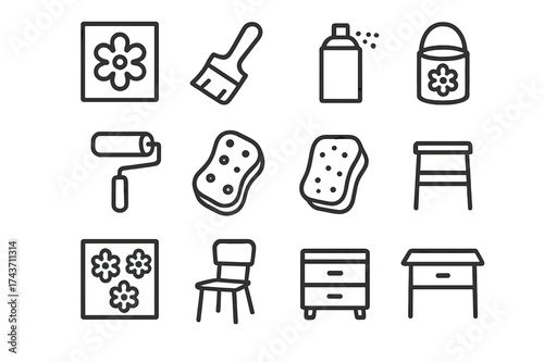 DIY Stenciling Icons. DIY stenciling. Line icon set of DIY stenciling: stencil sheet, paintbrush, spray can, roller, sponge, paint can, wall, chair, drawer,