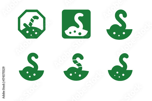Worm Logo Variations. Worms. Set Logo of Worms: worm in compost. harmonious logo variations of the same emblematic concept, each with different artistic