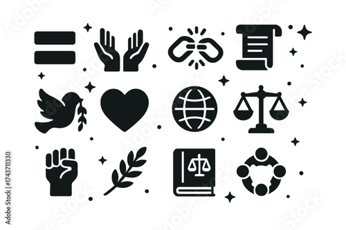Icons of Human Rights. Human rights in balance. Solid icons set of equality sign, open hands, broken chain, constitution scroll, peace dove, heart, globe,