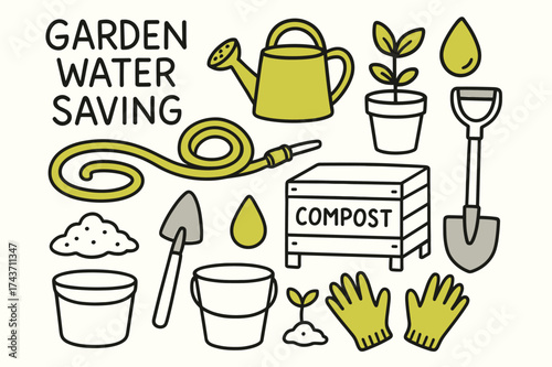 Water-Saving Garden Doodles. Garden Water Saving. Hand-drawn doodle illustration watering can (colored), potted plant, hose (colored), soil, shovel (colored),