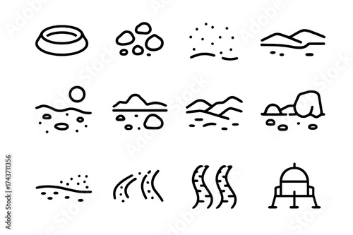 Lunar Landscape Icons. Lunar landscape. Line icon set of Lunar landscape: crater, rocks, dust, hills, horizon, shadows, moon surface, boulders, ridges, dust