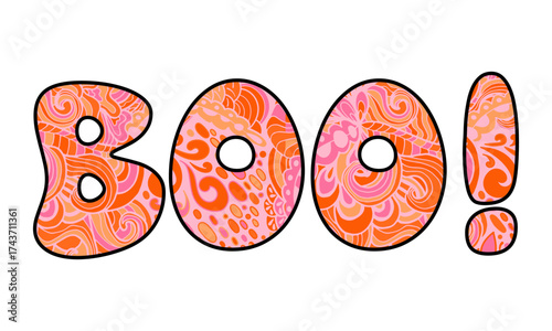 Colorful “BOO” Halloween Lettering with Abstract Pattern Bright and playful vector lettering design featuring the word “BOO” in bold black outline filled with an abstract pink and orange pattern. 