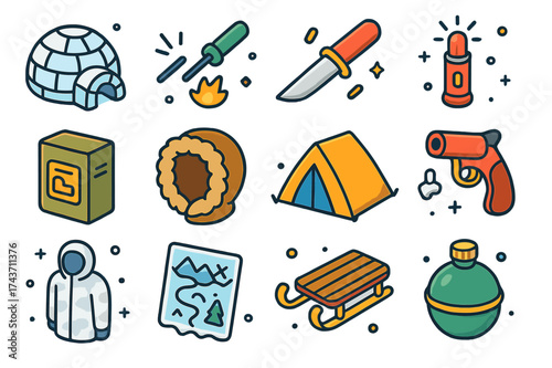 Cold Climate Icons. Cold Climate Survival. Colorful isometric vector icons set of Cold Climate Survival: snow shelter, fire starter, survival knife, emergency