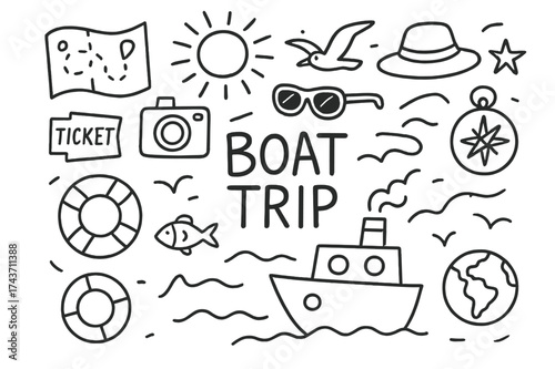 Boat Trip Doodle. Boat Trip. Hand-drawn doodle illustration of Boat Trip. Boat, wave, fish, sun, seagull, map,