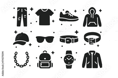 Casual Streetwear Icons. Casual Streetwear. Solid icons set of Casual Streetwear: Ripped Jeans, T-Shirt, Sneakers, Hoodie, Cap, Sunglasses, Belt, Bracelet,