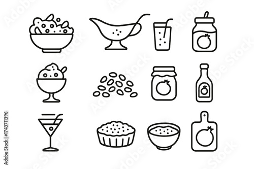 Pomegranate Cooking Icons. Pomegranate in cooking. Line icon set of pomegranate in cooking: salad with pomegranate, pomegranate sauce, smoothie, dessert bowl,