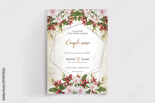 WEDDING INVITATION FRAME WITH FLOWER DECORATIONS AND FRESH LEAVES