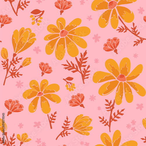Whimsical Pastel Floral Pattern in Warm Pink and Mustard Tones This cheerful hand-drawn floral pattern features delicate blooms and foliage in soft shades of pink, yellow, orange, and mustard. 
