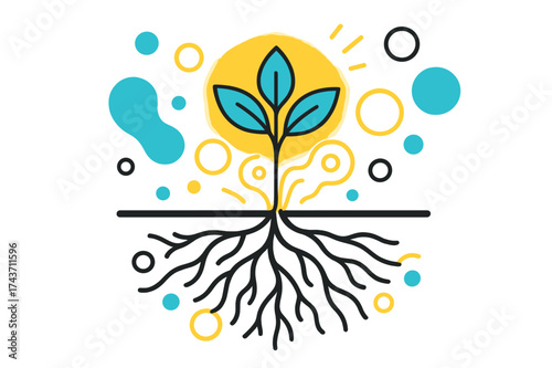 Glowing Energy Plant. Life source. A plant glowing above the soil, its roots spreading deep and wide with abstract circles showing energy flow.