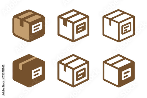 Creative Shipping Logos. Address label. Set Logo of shipping box: cardboard package with address label highlighted. harmonious logo variations of the same