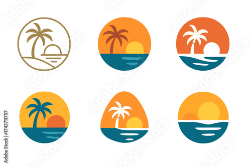 Beach Sunset Logos. Romantic getaways and vacations. Set Logo of Romantic getaways and vacations: Beach sunset. harmonious logo variations of the