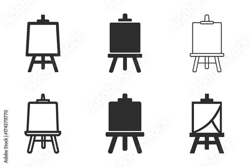 Art Studio Logos Grid. Studio corner with art supplies. Set Logo of Art studio: easel with canvas. harmonious logo variations of the same emblematic concept,