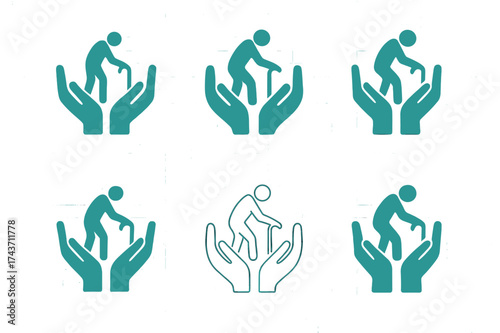 Elderly Support Logos. Physical wellness and mobility for the elderly. Set Logo of supportive hands: hands helping an elder to stand. harmonious logo