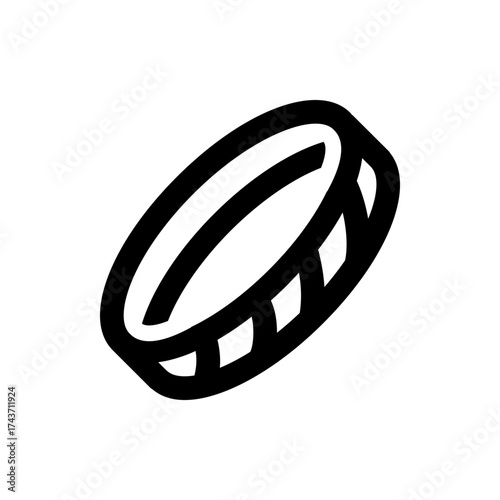 Illustration of a black and white tambourine with geometric cutouts around the circular frame design element