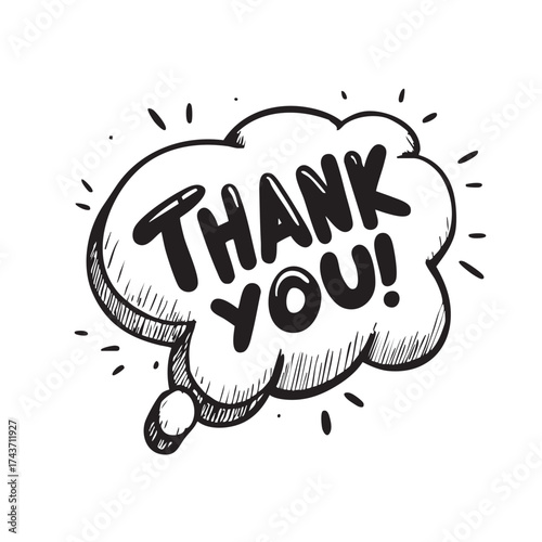 Speech bubble sketch with the bold text "THANK YOU!"