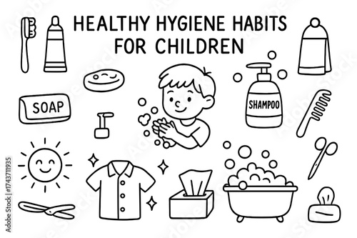 Children's Hygiene Doodles. Healthy hygiene habits for children. Hand-drawn doodle illustration healthy hygiene habits for children toothbrush, toothpaste,