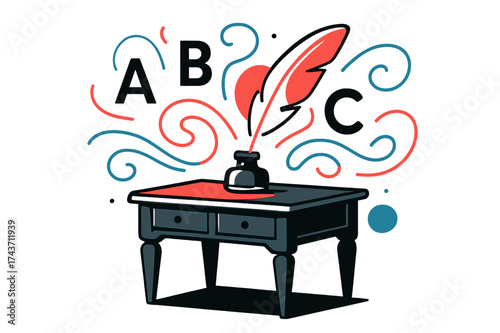Vintage Writing Desk. Vintage Desk. An old-style writing desk with glowing quill and ink bottle, abstract floating letters and swirls symbolizing history.