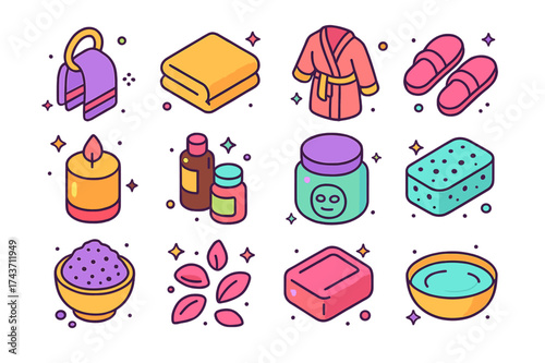 Spa Day Icons. Spa Day. Colorful isometric vector icons set of Spa Day: towel loop, folded towel, bathrobe, slippers, candle, essential oils, face mask jar,