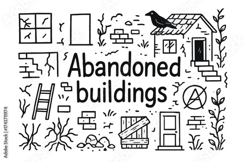 Doodle Abandoned Buildings. Abandoned buildings. Hand-drawn doodle illustration of Abandoned buildings. Broken