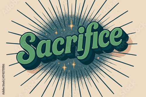 Retro Sacrifice Design. Sacrifice. retro 3D rounded lettering, layered shadows, radiant sunburst backdrop with