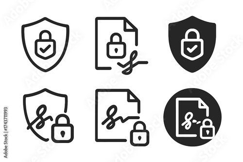Secure Digital Signature Logos. E-governance. Set Logo of secure digital signature: Abstract geometric, Minimal outline, Iconic shape, Symmetrical form, Filled