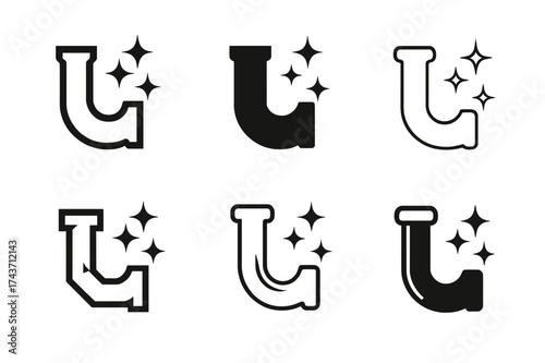 Sparkling Pipe Logos. Drain cleaning chemicals. Set Logo of sparkling clean pipe: pipe with shining effect after cleaning. harmonious logo variations of the
