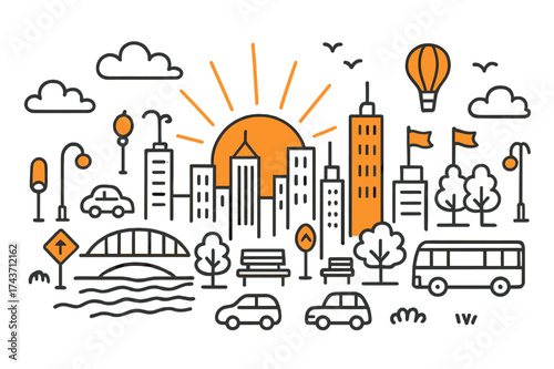 Skyline Doodle Scene. Skyline Horizon. Hand-drawn doodle illustration skyline horizon sun behind buildings (accented), tall skyscrapers, clouds, streetlights