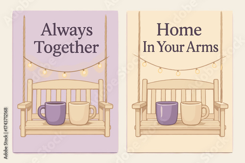 Cozy Porch Swing Banners. Togetherness. Two vertical A6 banners, pastel, lavender and cream backgrounds, porch swing with two mugs and fairy lights, first