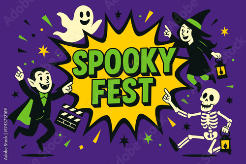 SpookyFest Banner Design. SpookyFest banner, flat vector illustration, bold oversized text inside comic burst, cartoon characters jumping and pointing at