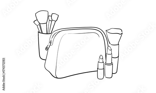Сosmetic bag with tube of face and body cream in line art style on white background. Body and face care outline. Vector illustration	