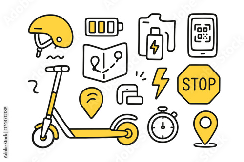 Electric Scooter Essentials. Electric Scooters. Hand-drawn doodle illustration scooter (colored), helmet, battery icon (colored), charging dock, smartphone