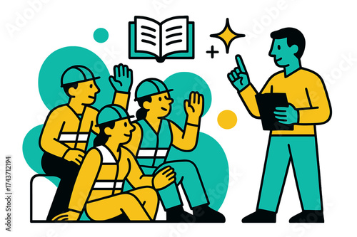 Dynamic Team Training. Team Training. A group of glowing workers listening to an instructor, abstract floating book and spark icons symbolizing learning safety