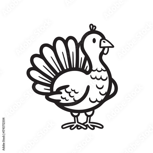 Simple line drawing of a small, cute turkey with tail feathers spread