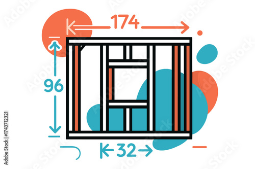 Modern Framing Schematic. Framing Blueprint. A clear schematic of a wall frame with glowing measurement lines and arrows, minimal geometric style. Modern
