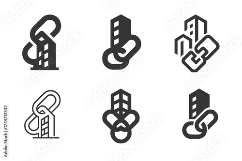 Blockchain Business Logos. Business and technology convergence. Set Logo of Business and technology convergence: Blockchain links merging into an office
