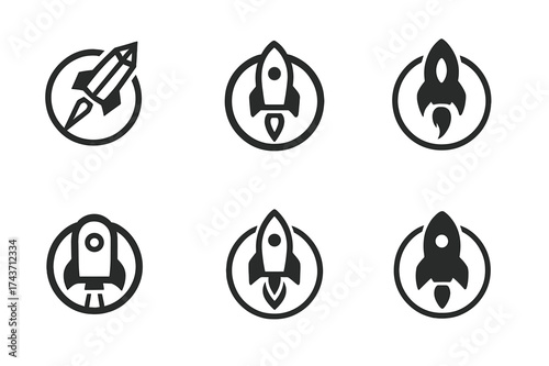 Rocket Logo Variations. Rocket launches. Set Logo of orbit trajectory: rocket with circular orbital path line. harmonious logo variations of the same