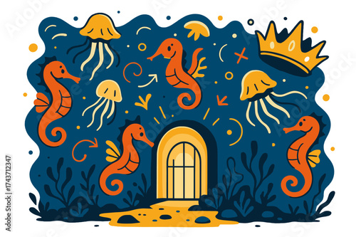 Underwater Gate Scene. Underwater kingdom. A hidden gate at the ocean floor glows, surrounded by seahorses and