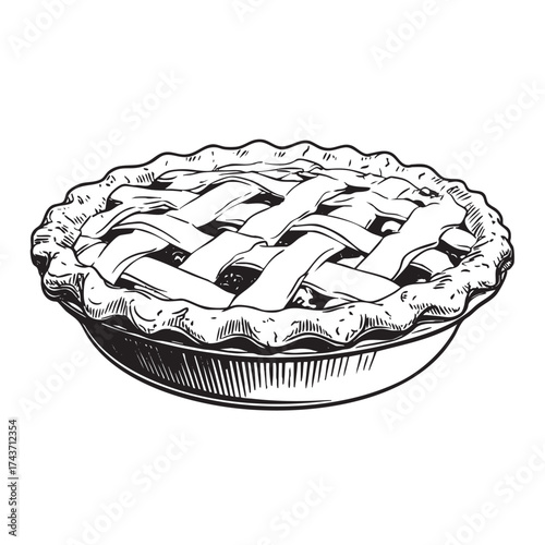 Black and white sketch of a whole round pie with a lattice crust